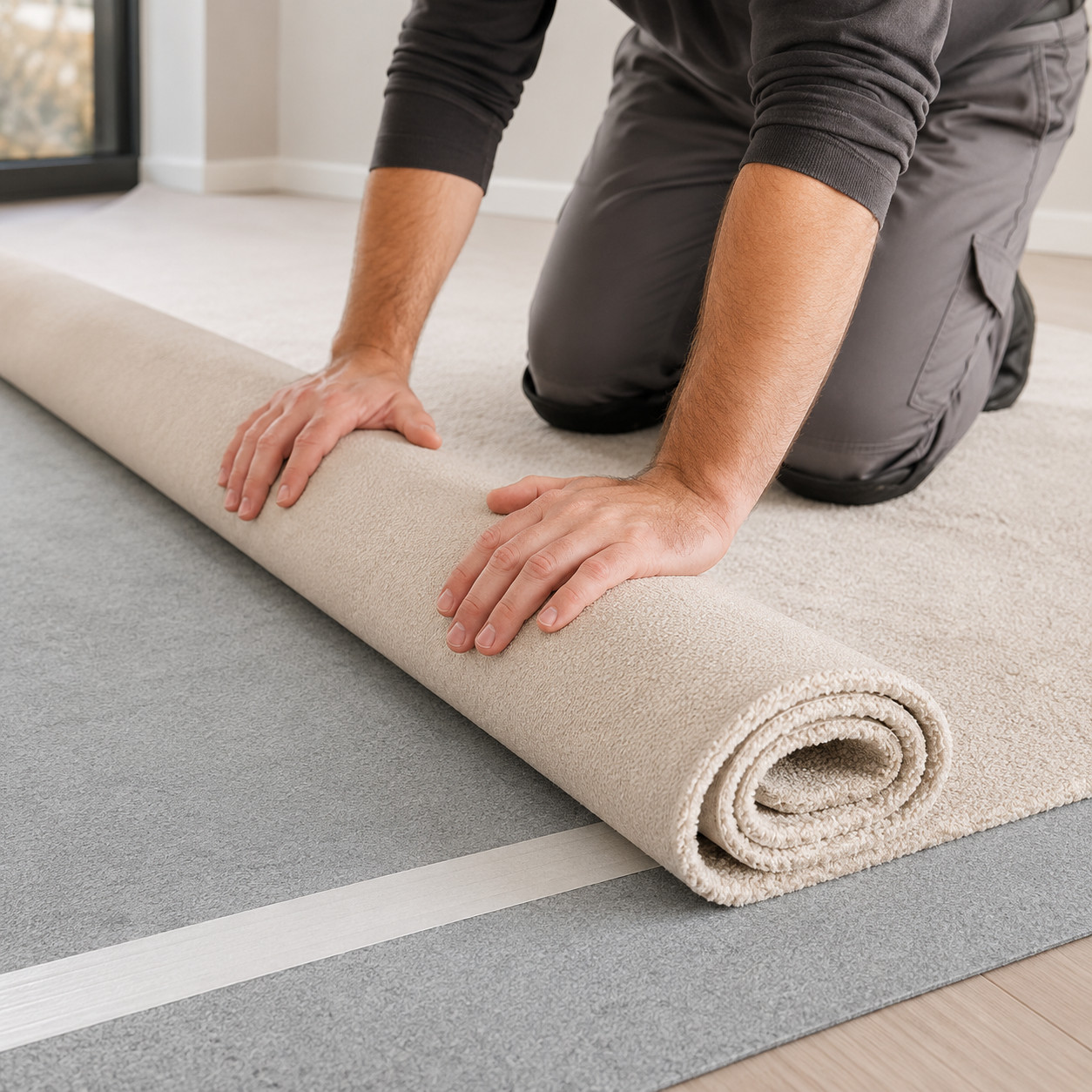Installer unrolling new carpet during installation | McSwain Carpets & Floors