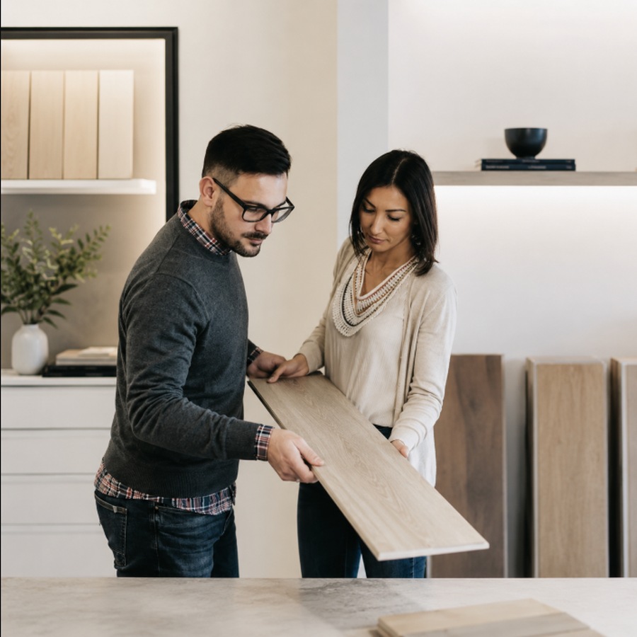 Flooring specialist showing a wood plank sample to a customer in a bright showroom | McSwain Carpets & Floors