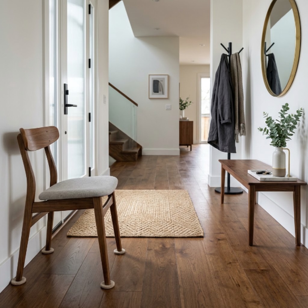 Modern entryway with hardwood flooring and felt floor protectors | McSwain Carpets & Floors