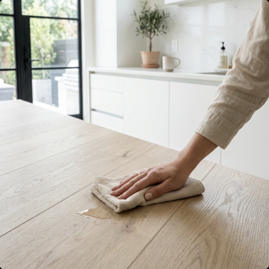 Wiping a spill on light wood-look luxury vinyl plank flooring | McSwain Carpets & Floors
