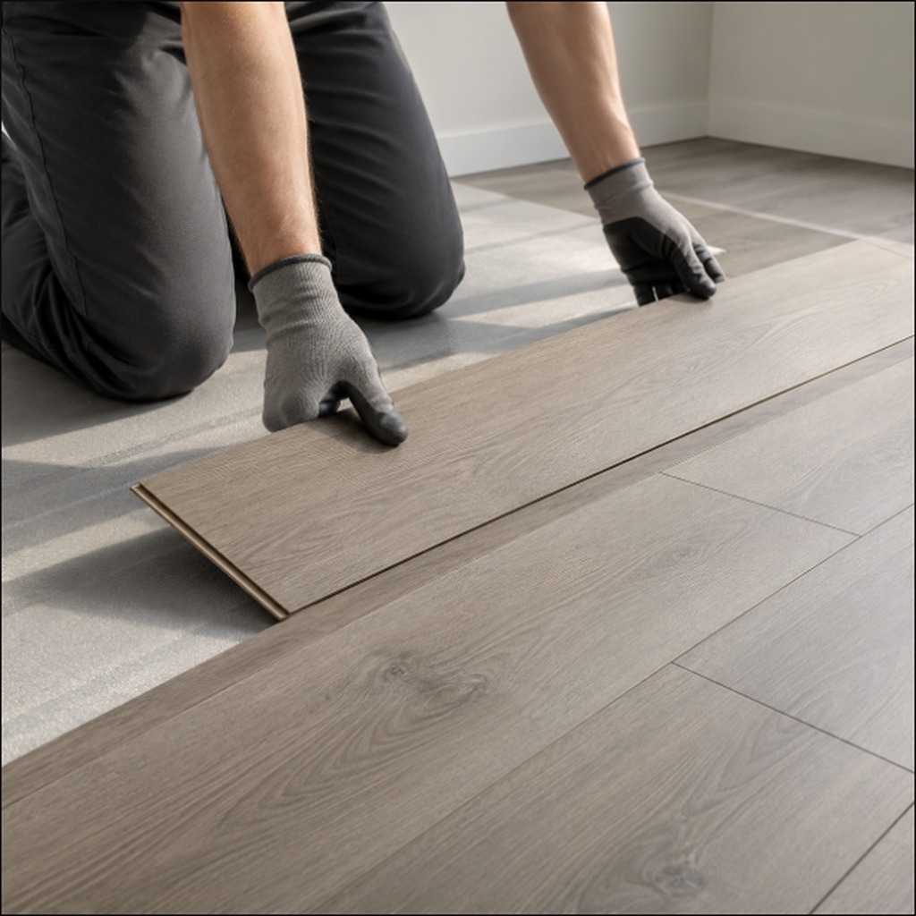 Professional installing hardwood flooring planks | McSwain Carpets & Floors