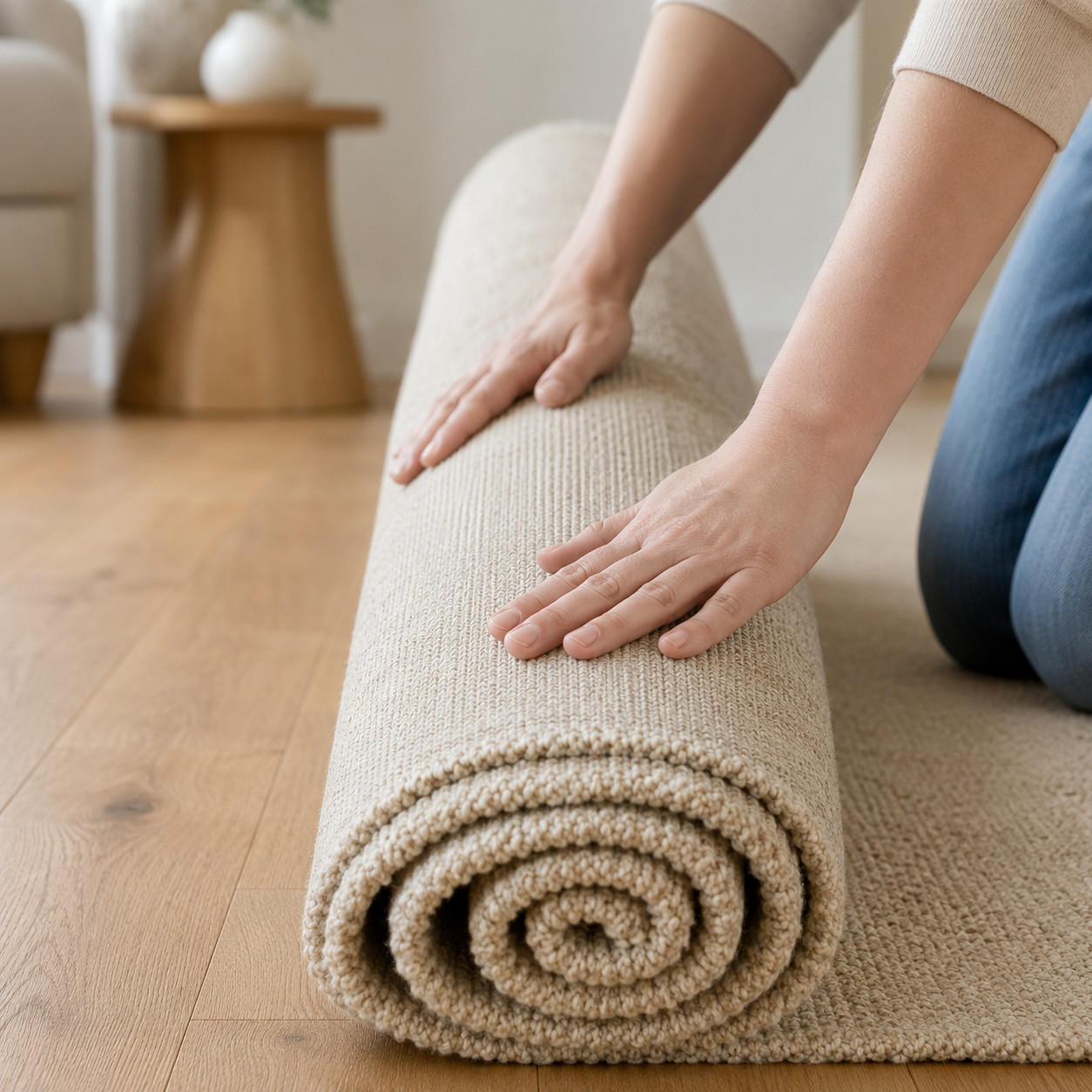 Unrolling a new roll of carpet during installation | McSwain Carpets & Floors