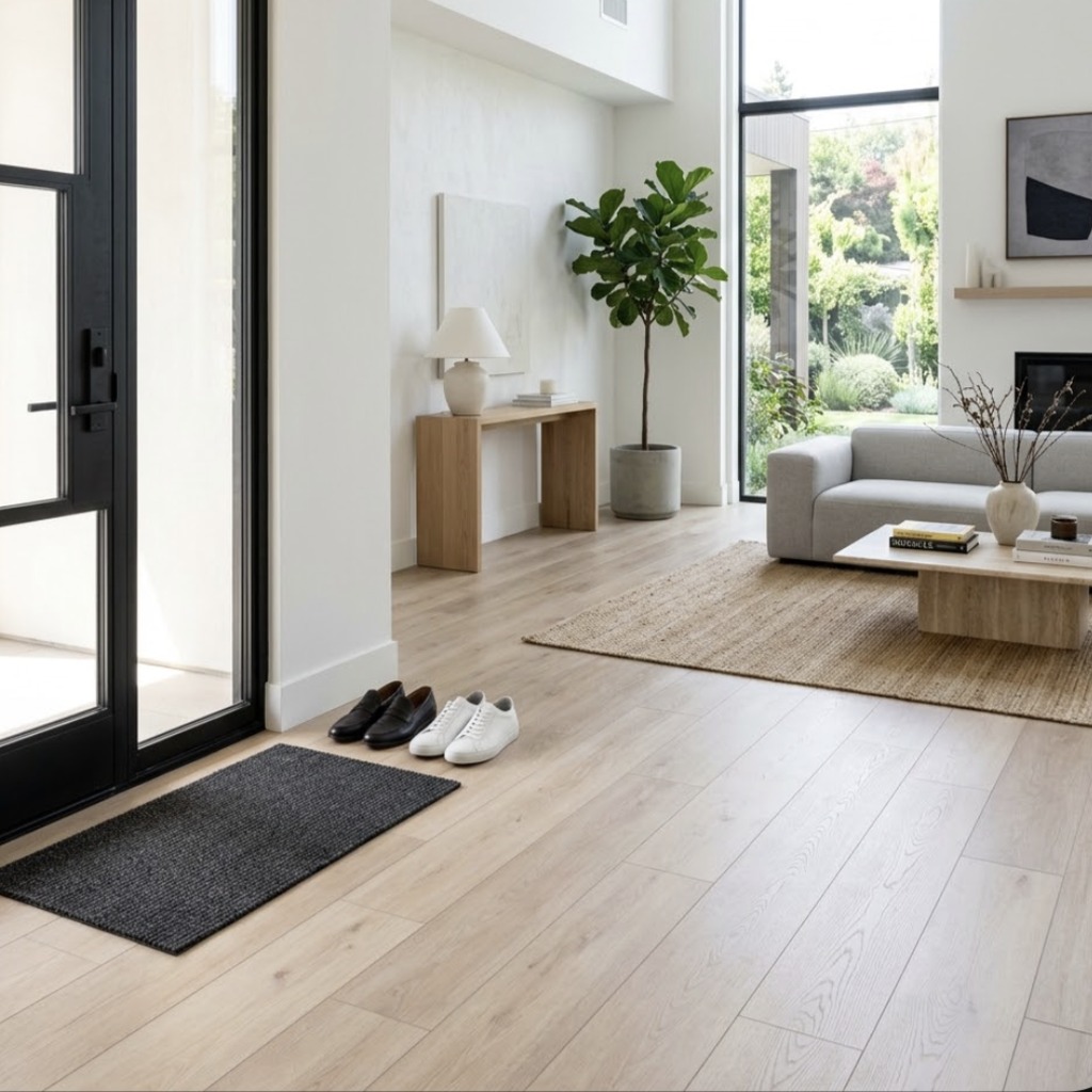 Modern entryway with light wood-look laminate flooring, entry mat, and neatly placed shoes | McSwain Carpets & Floors