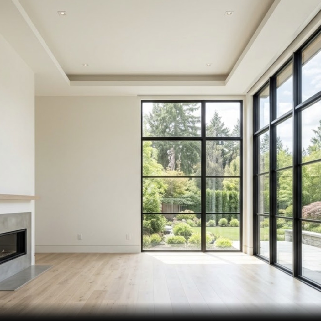 Empty modern living room freshly prepped with light laminate flooring before installation | McSwain Carpets & Floors