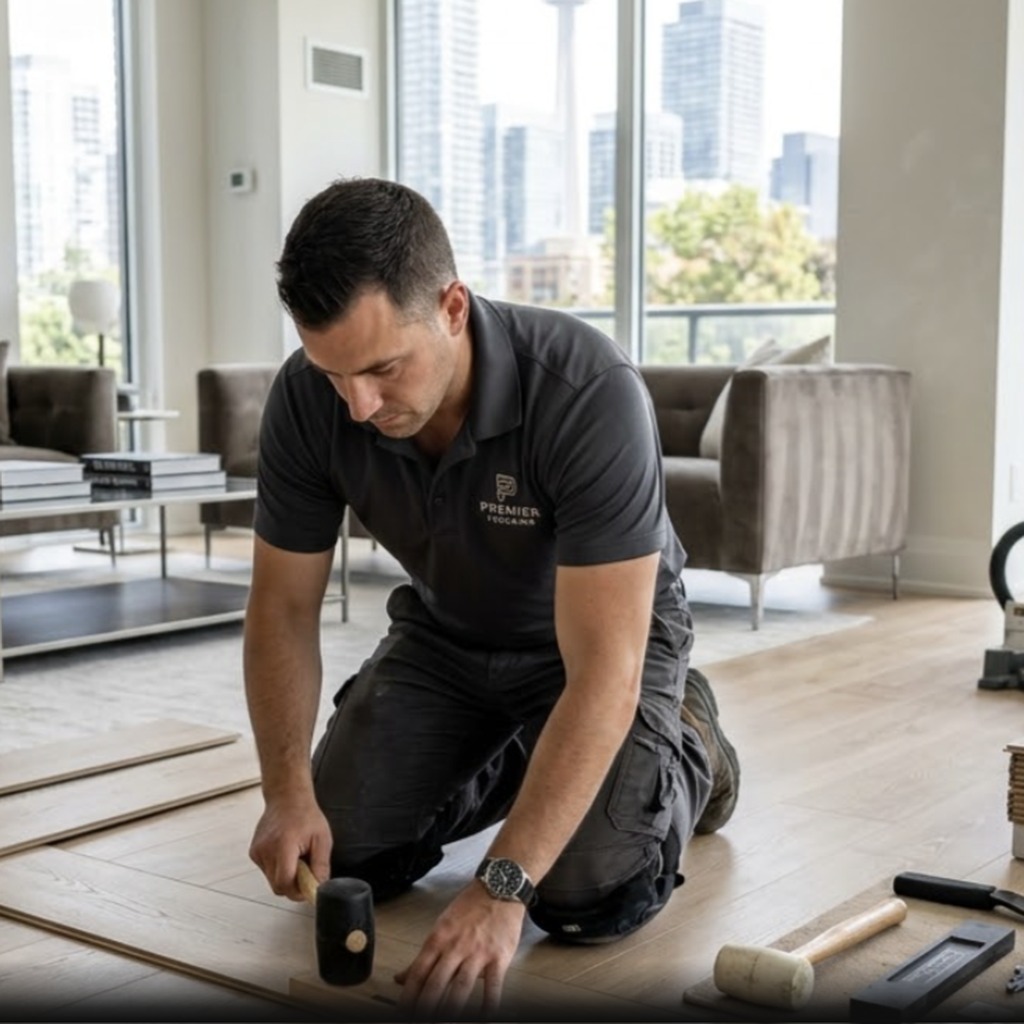 Professional installer laying light wood-look laminate planks | McSwain Carpets & Floors