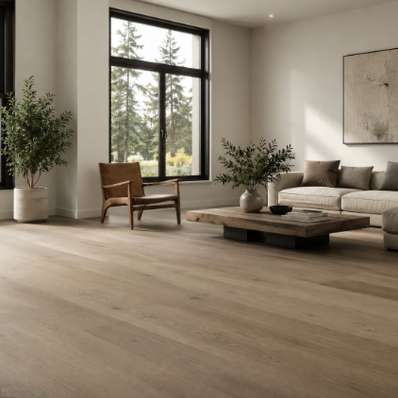 Living room with light wood-look laminate flooring, large window, and orange couch | McSwain Carpets & Floors