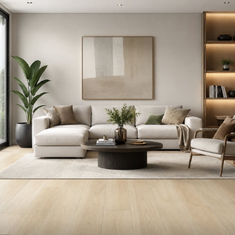 Living room with green couch and light laminate flooring | McSwain Carpets & Floors