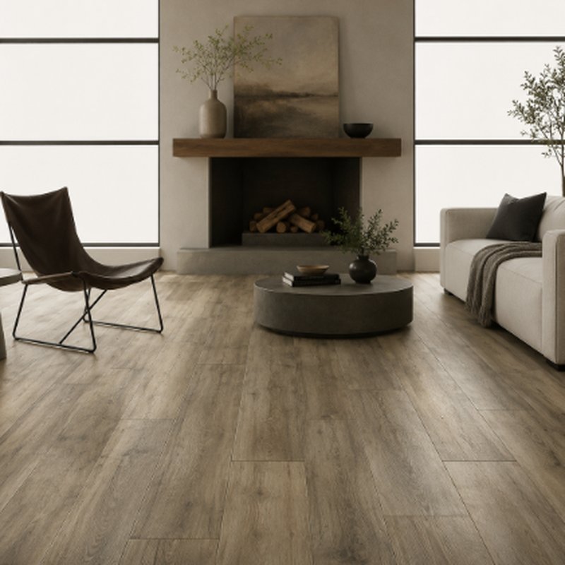 Rustic living room with light wood-look waterproof laminate flooring | McSwain Carpets & Floors