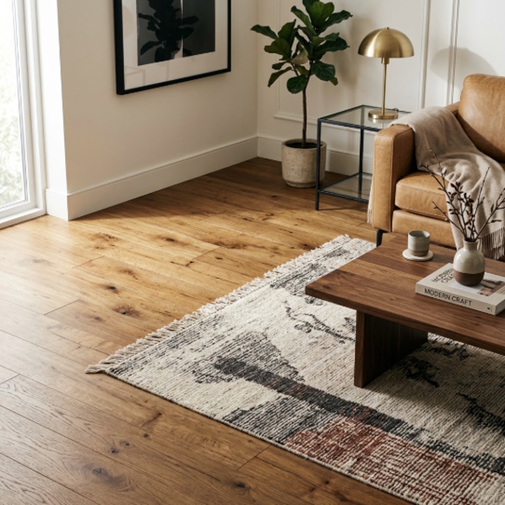 Elegant living room corner with warm-toned hardwood flooring | McSwain Carpets & Floors