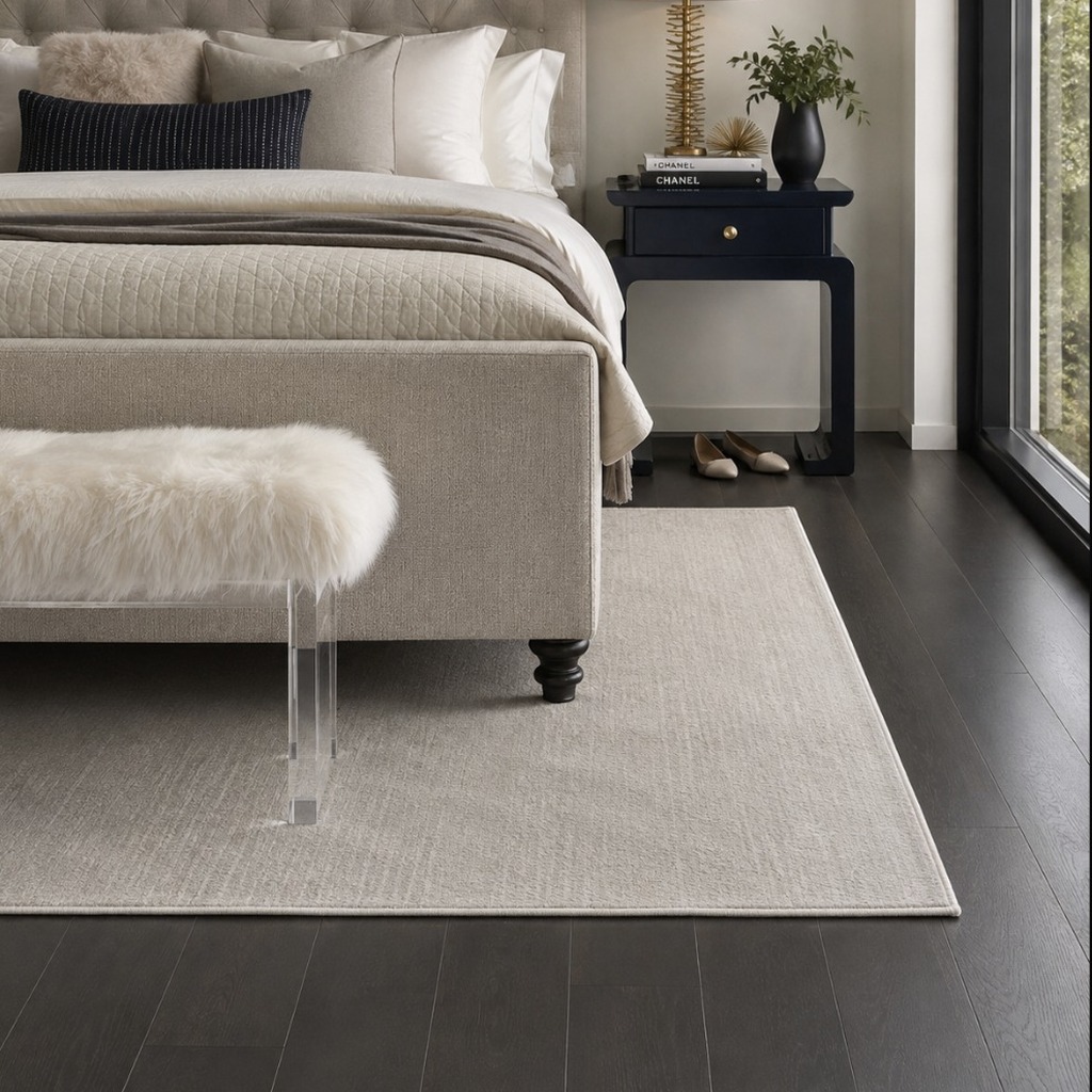 Modern bedroom with warm hardwood flooring | McSwain Carpets & Floors