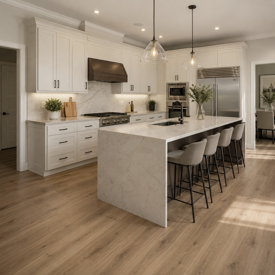 New construction kitchen with wood-look luxury vinyl plank flooring | McSwain Carpets & Floors