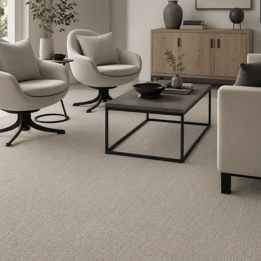 Neutral living room with plush broadloom carpet | McSwain Carpets & Floors
