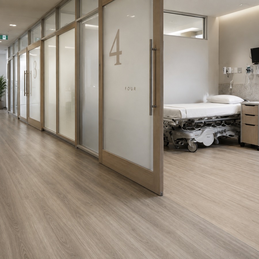 Bright medical facility corridor with resilient flooring | McSwain Carpets & Floors