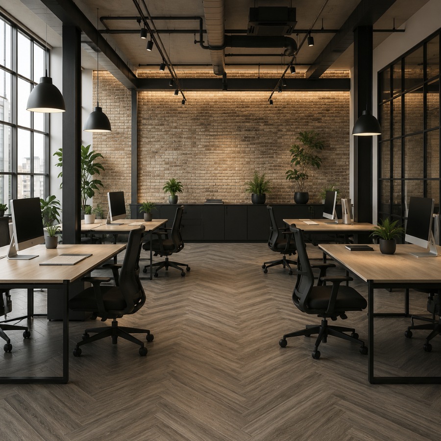 Modern open-plan commercial office with wood-look flooring | McSwain Carpets & Floors