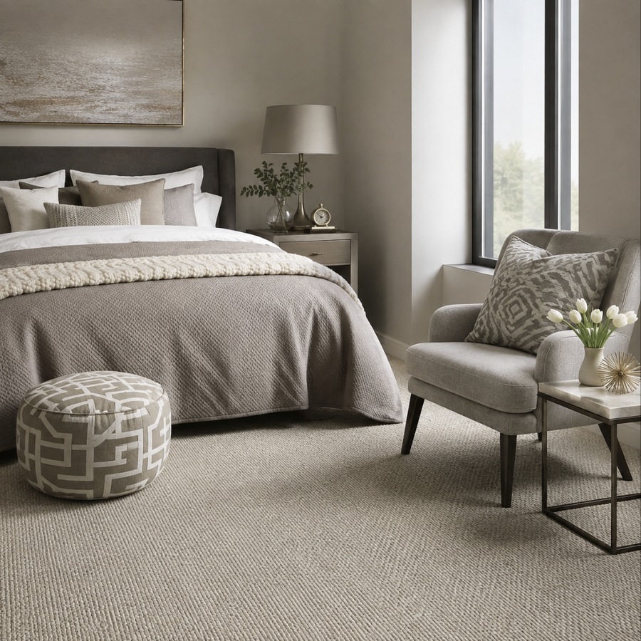 Neutral custom area rug in a modern bedroom | McSwain Carpets & Floors