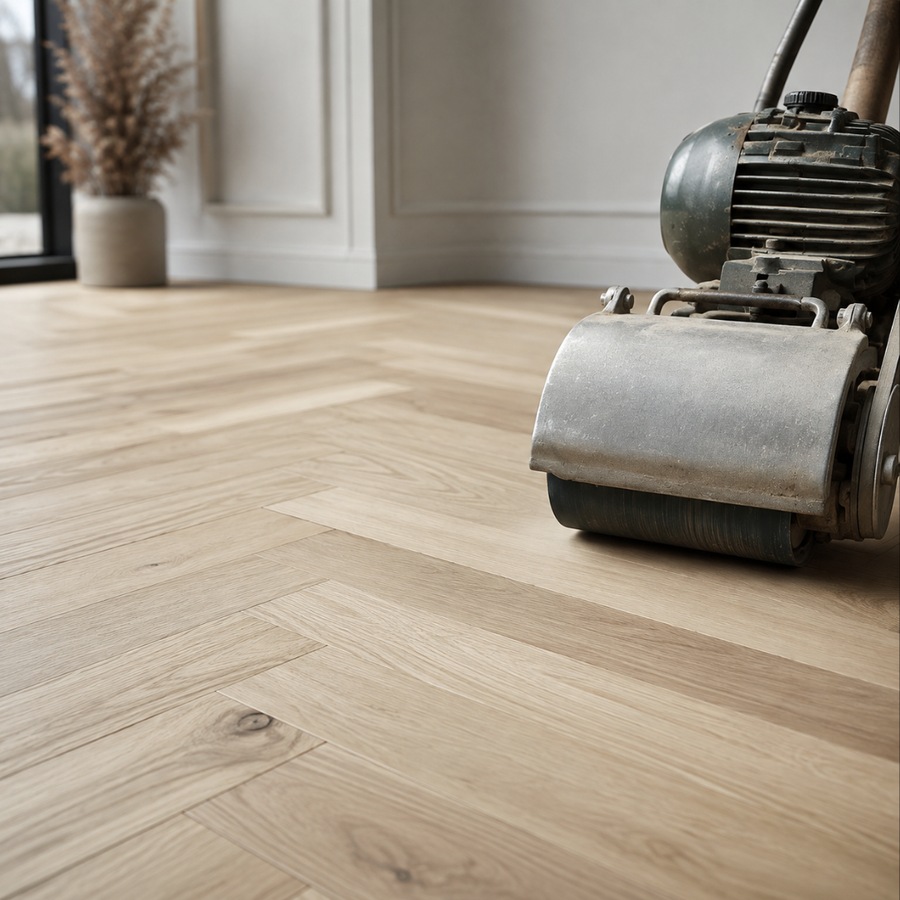 Hardwood floor refinishing sander on a light hardwood floor | McSwain Carpets & Floors