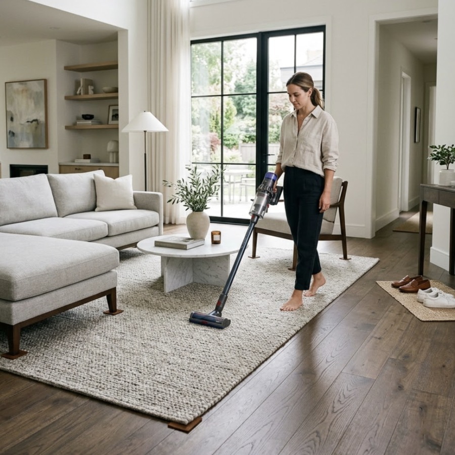Vacuuming a neutral area rug in a bright modern living room | McSwain Carpets & Floors