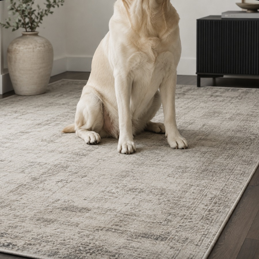 Dog sitting on a neutral area rug over hardwood flooring | McSwain Carpets & Floors