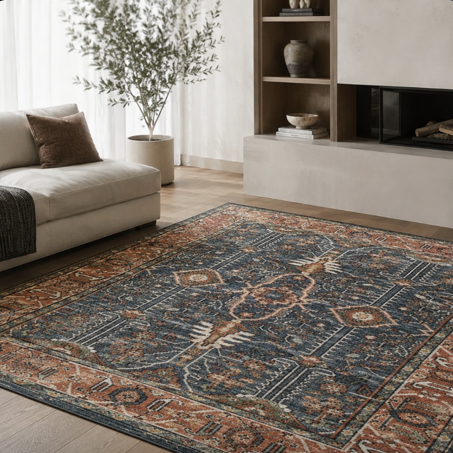 Patterned area rug layered over hardwood flooring in a modern living room | McSwain Carpets & Floors