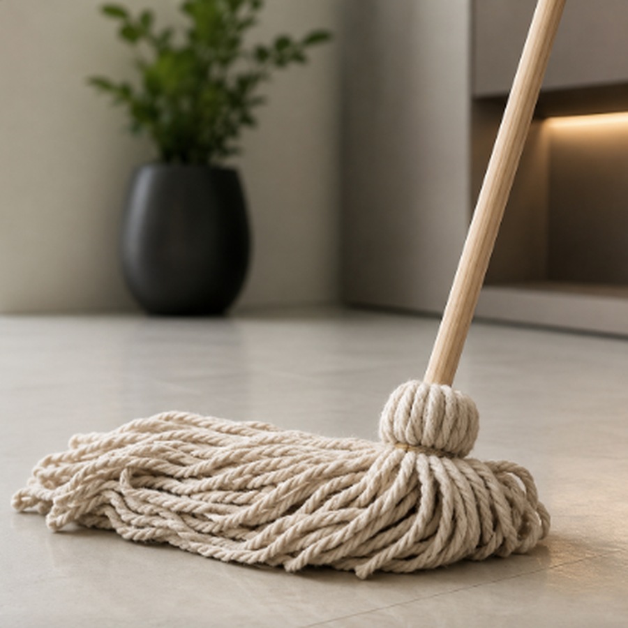 Wet mopping a light stone-look tile floor | McSwain Carpets & Floors