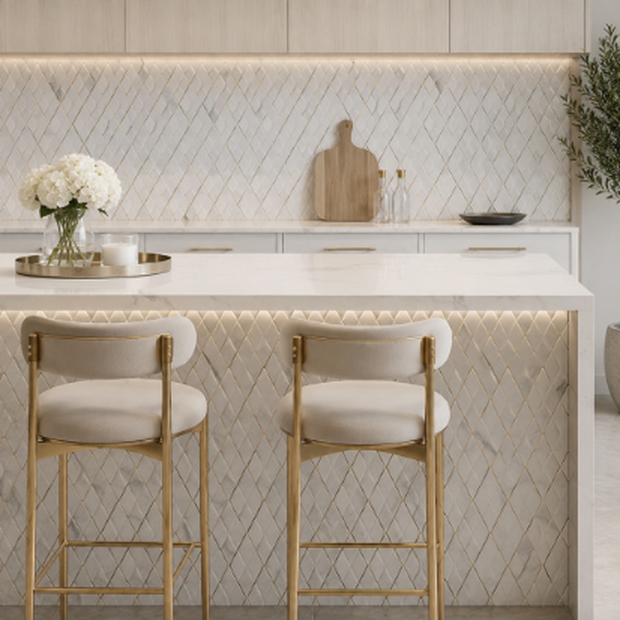 Marble-look tile backsplash and island in a modern luxury kitchen | McSwain Carpets & Floors