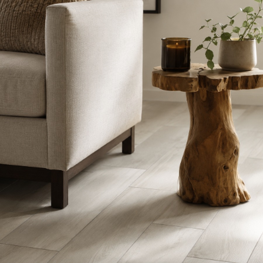 Light stone-look tile flooring in a modern living room | McSwain Carpets & Floors