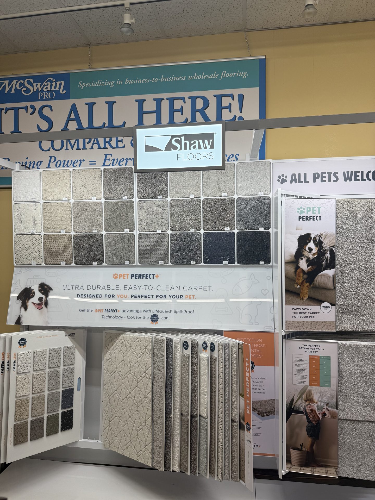 Pet Perfect carpet display in the wholesale showroom | McSwain Carpets & Floors