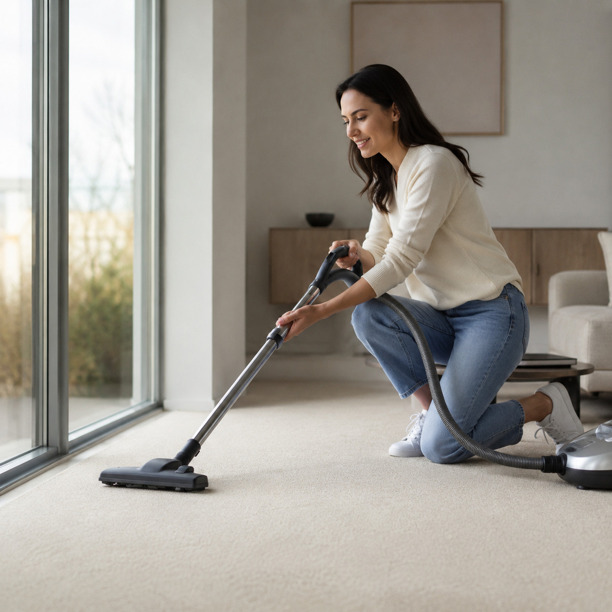 Woman vacuuming light carpet in a bright living room | McSwain Carpets & Floors